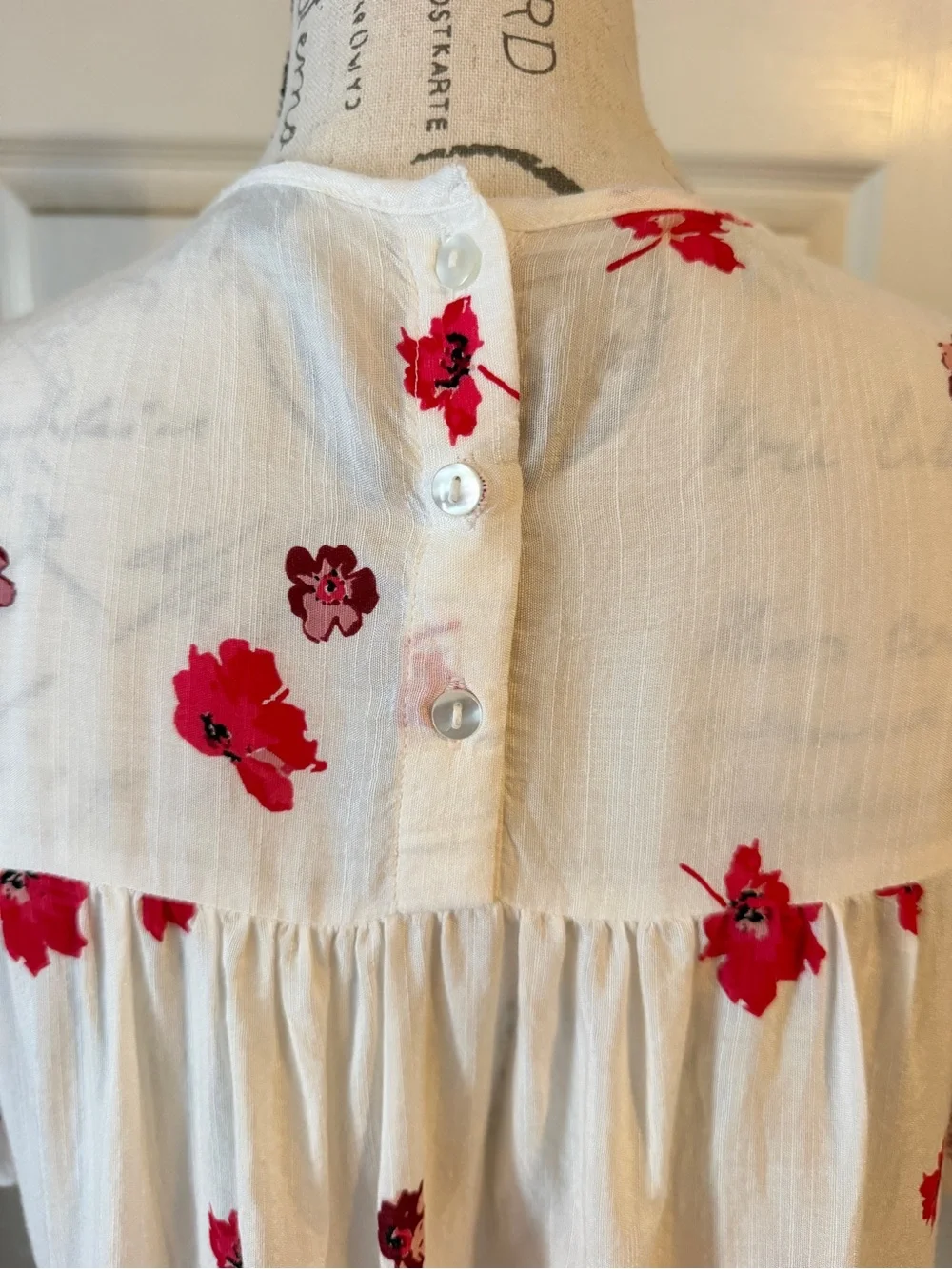 Anthropologie White Peasant Blouse with Red Floral Print
